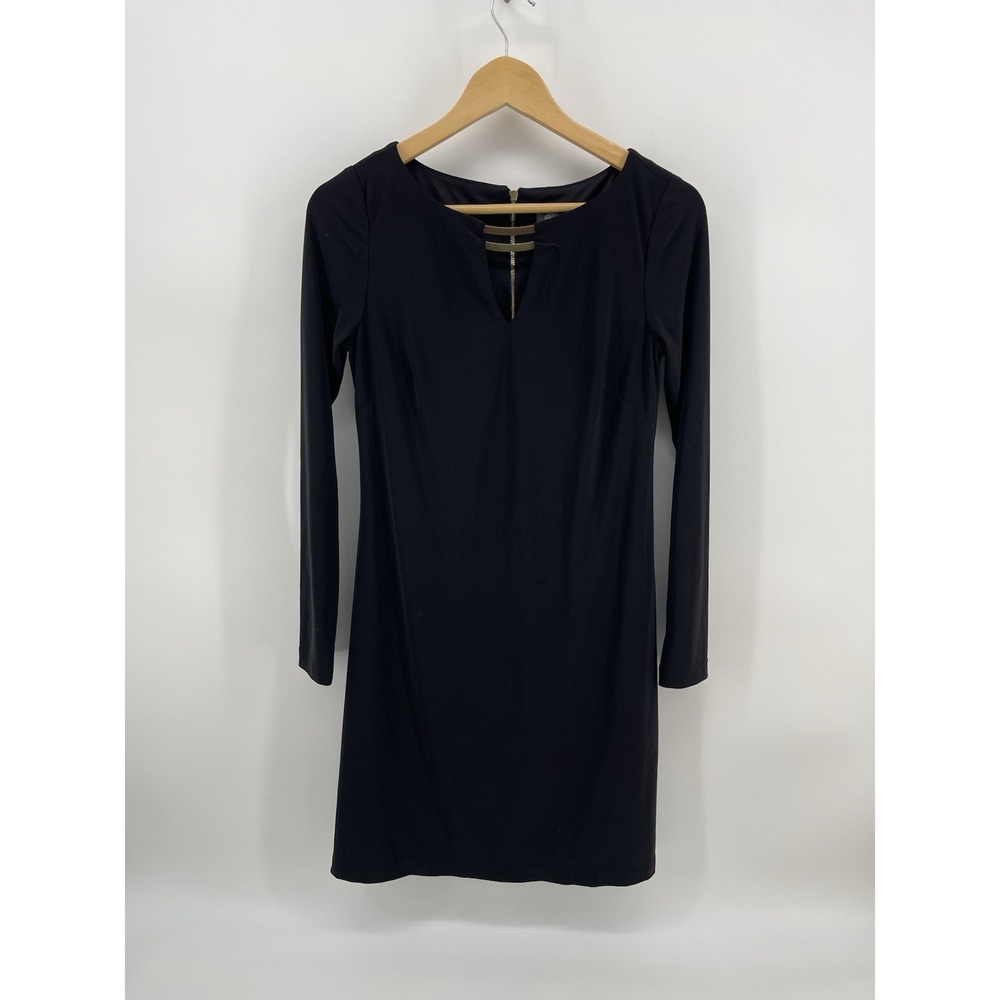 Vince Camuto Women's Black Bodycon Dress Size 2 Long Sleeve Gold Zip Mini